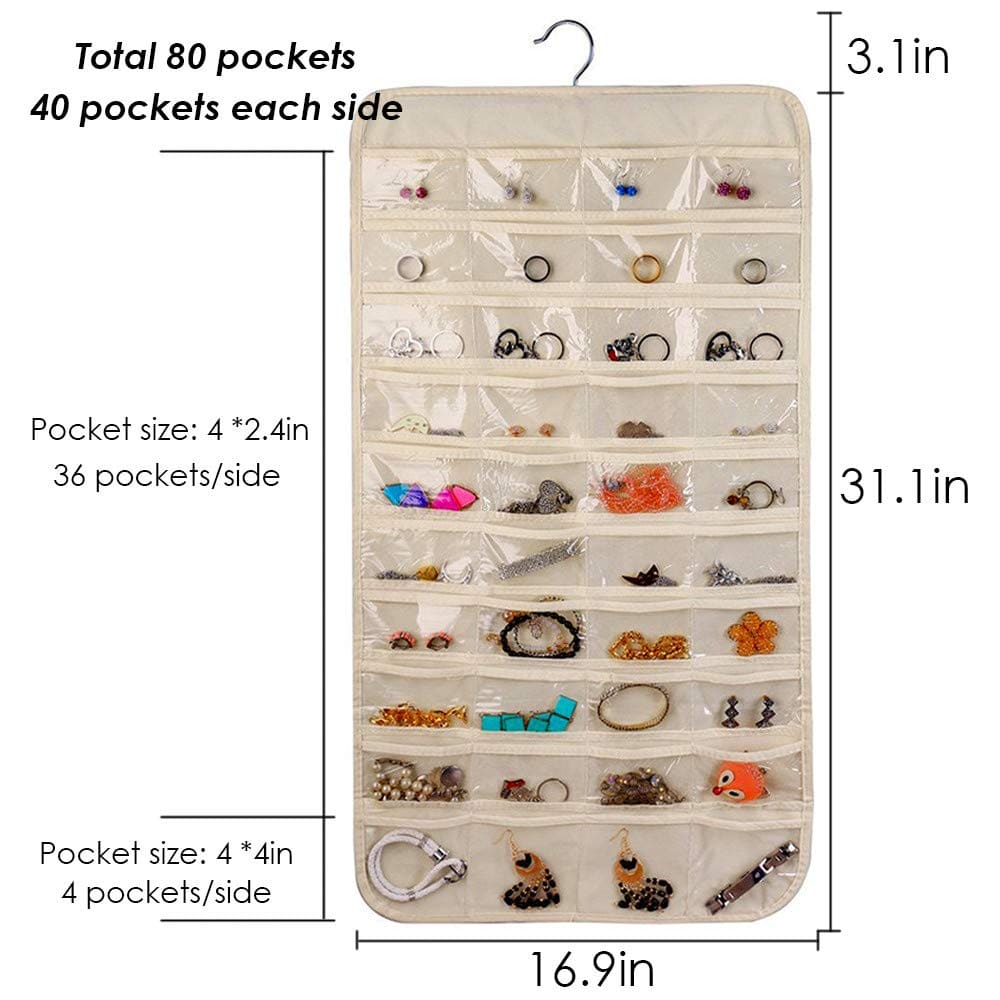 72 Pocket Hanging Organizer, Double Sided Hanging Display Storage Bag, Transparent Window Jewelry Bag, Dust-proof Foldable Bag, Multifunction Wardrobe Storage Holder Bag with Hook, Dual Sided Jewellery Carrier