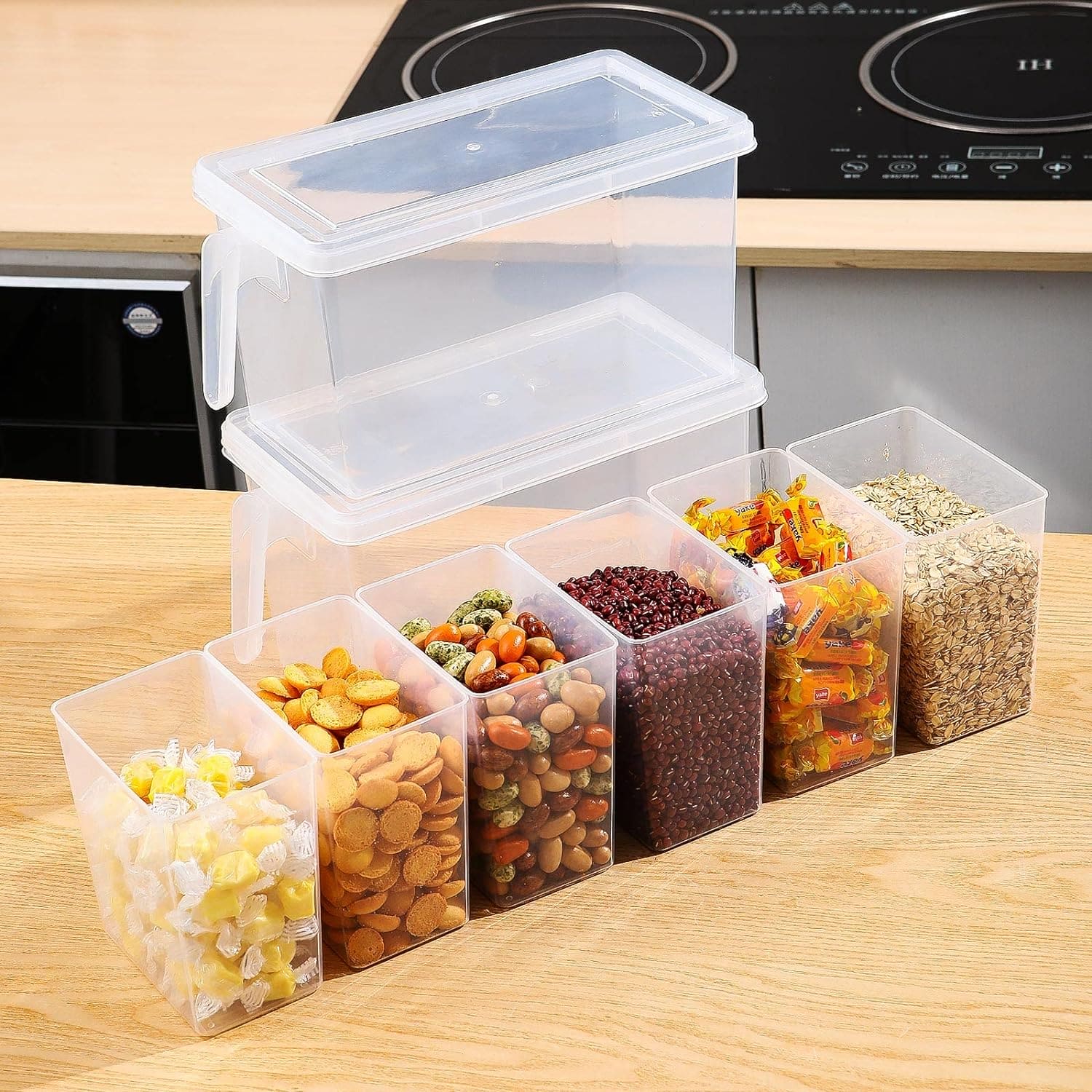 Transparent 3 Section Food Storage Box, Square Handle Food Storage Container, Plastic Divided Kitchen Organizer Bin, Multipurpose Fridge Storage Boxes with Lid and 3 Bins
