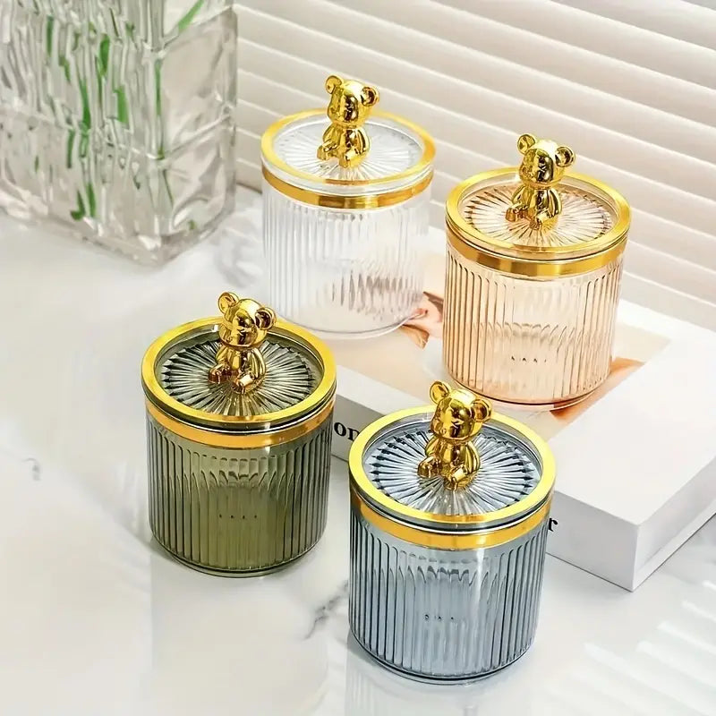 Cute Bear Cotton Pad Holder, Roman Column Striped Bottle, Multifunctional Acrylic Container with Lid, Cosmetics Jewelry Bathroom Qtip Makeup Container, Luxury Bear Storage Jar, Desktop Counter Organizer Containers Dispenser