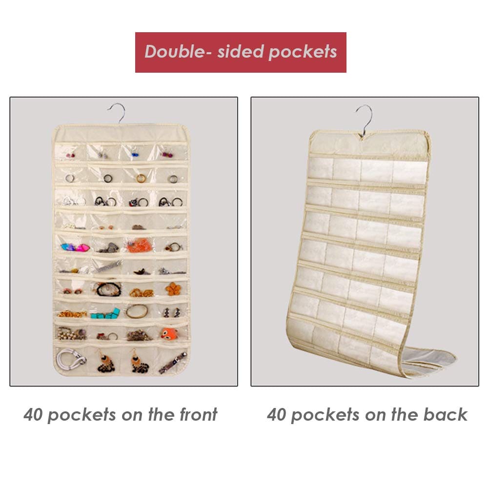 72 Pocket Hanging Organizer, Double Sided Hanging Display Storage Bag, Transparent Window Jewelry Bag, Dust-proof Foldable Bag, Multifunction Wardrobe Storage Holder Bag with Hook, Dual Sided Jewelry Carrier
