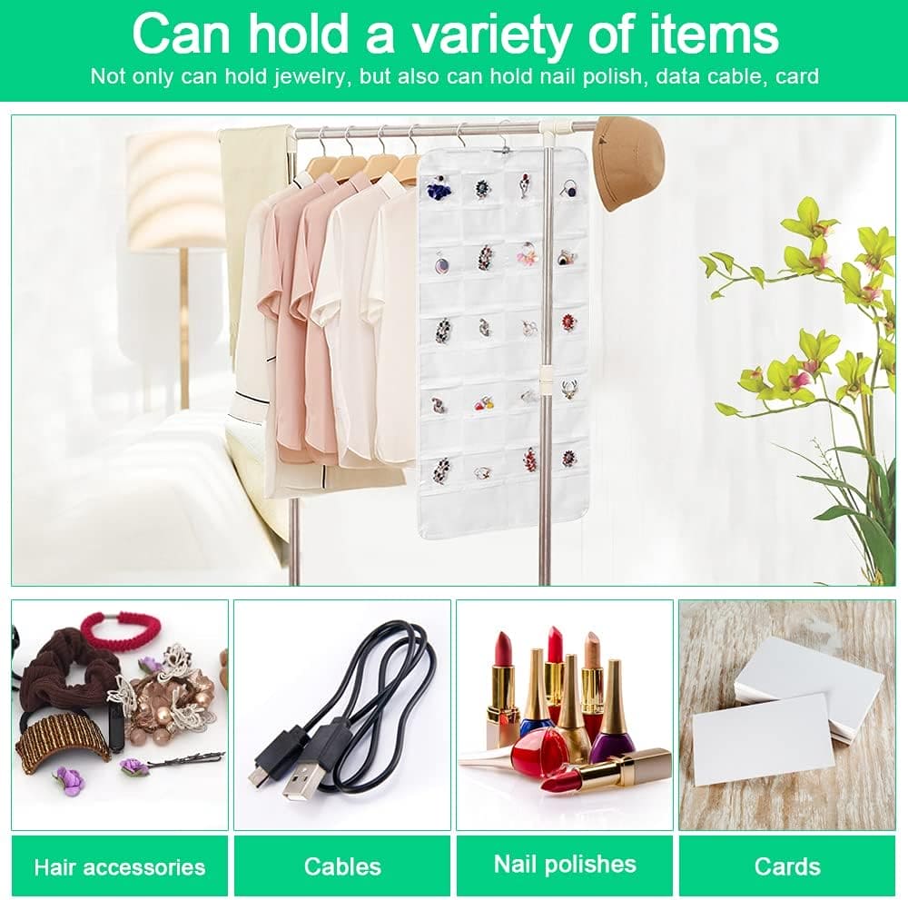 72 Pocket Hanging Organizer, Double Sided Hanging Display Storage Bag, Transparent Window Jewelry Bag, Dust-proof Foldable Bag, Multifunction Wardrobe Storage Holder Bag with Hook, Dual Sided Jewellery Carrier