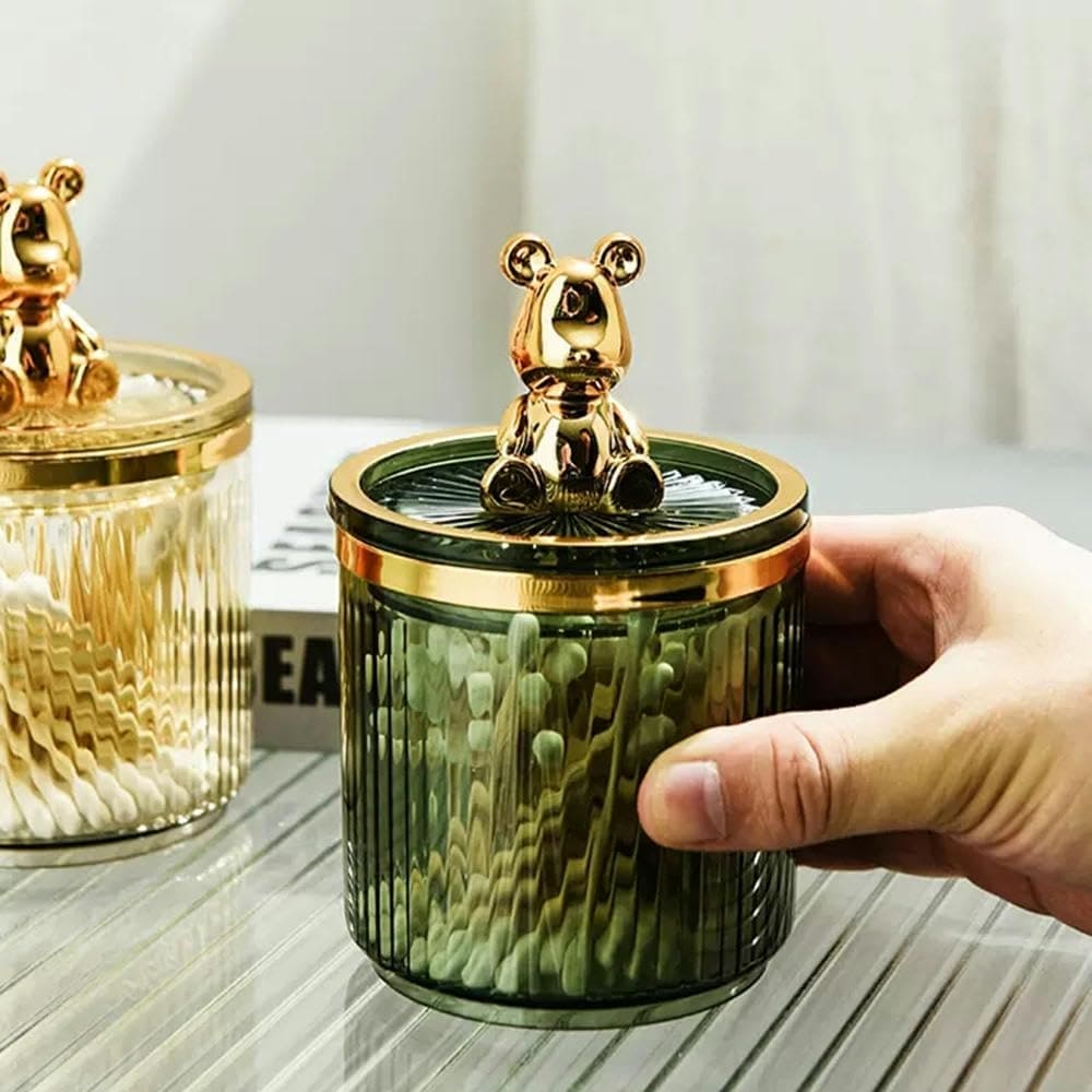 Cute Bear Cotton Pad Holder, Roman Column Striped Bottle, Multifunctional Acrylic Container with Lid, Cosmetics Jewelry Bathroom Qtip Makeup Container, Luxury Bear Storage Jar, Desktop Counter Organizer Containers Dispenser