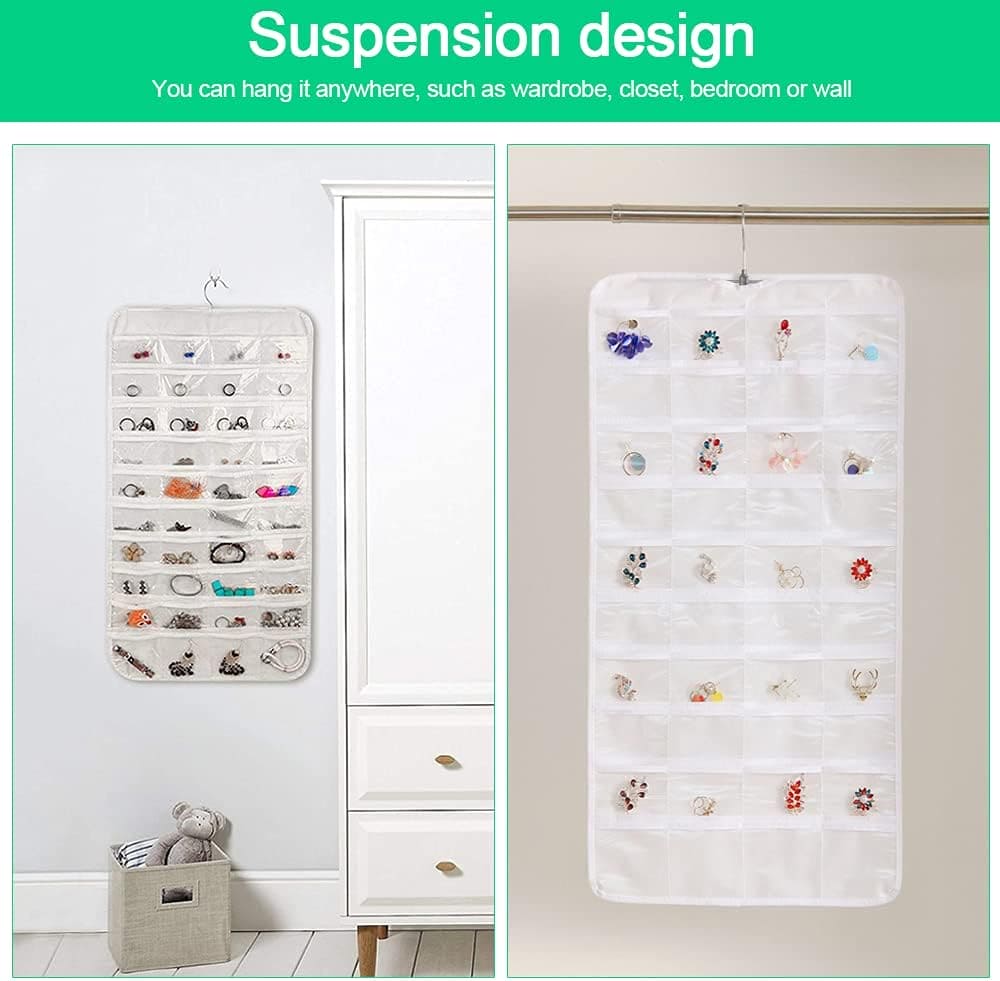 72 Pocket Hanging Organizer, Double Sided Hanging Display Storage Bag, Transparent Window Jewelry Bag, Dust-proof Foldable Bag, Multifunction Wardrobe Storage Holder Bag with Hook, Dual Sided Jewelry Carrier