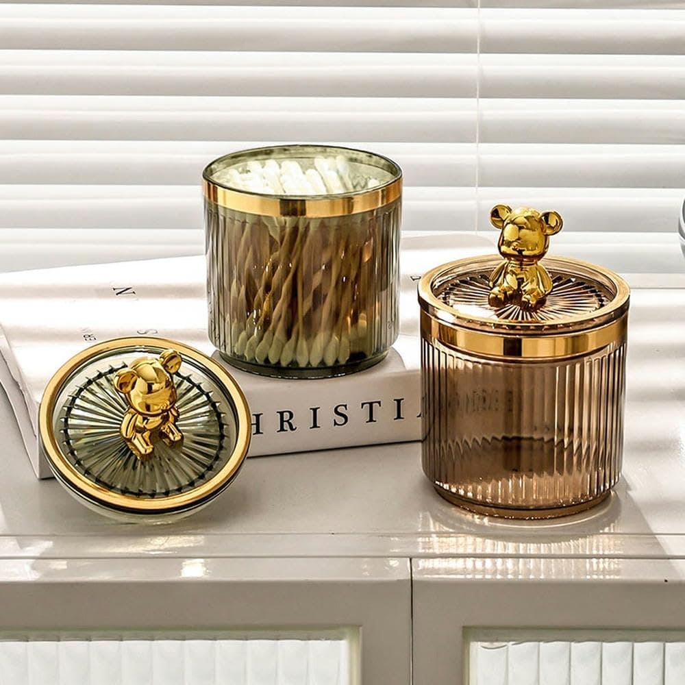 Cute Bear Cotton Pad Holder, Roman Column Striped Bottle, Multifunctional Acrylic Container with Lid, Cosmetics Jewelry Bathroom Qtip Makeup Container, Luxury Bear Storage Jar, Desktop Counter Organizer Containers Dispenser