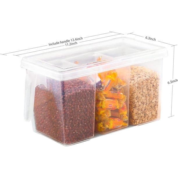 Transparent 3 Section Food Storage Box, Square Handle Food Storage Container, Plastic Divided Kitchen Organizer Bin, Multipurpose Fridge Storage Boxes with Lid and 3 Bins