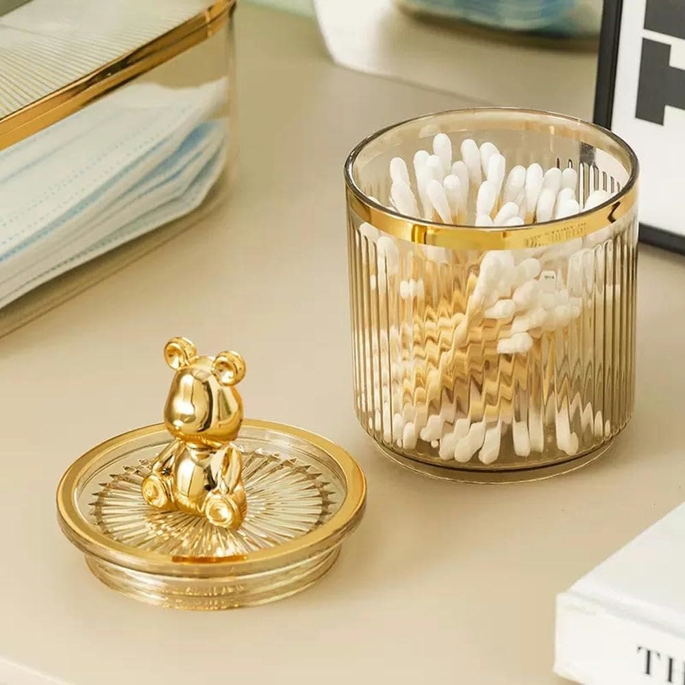 Cute Bear Cotton Pad Holder, Roman Column Striped Bottle, Multifunctional Acrylic Container with Lid, Cosmetics Jewelry Bathroom Qtip Makeup Container, Luxury Bear Storage Jar, Desktop Counter Organizer Containers Dispenser