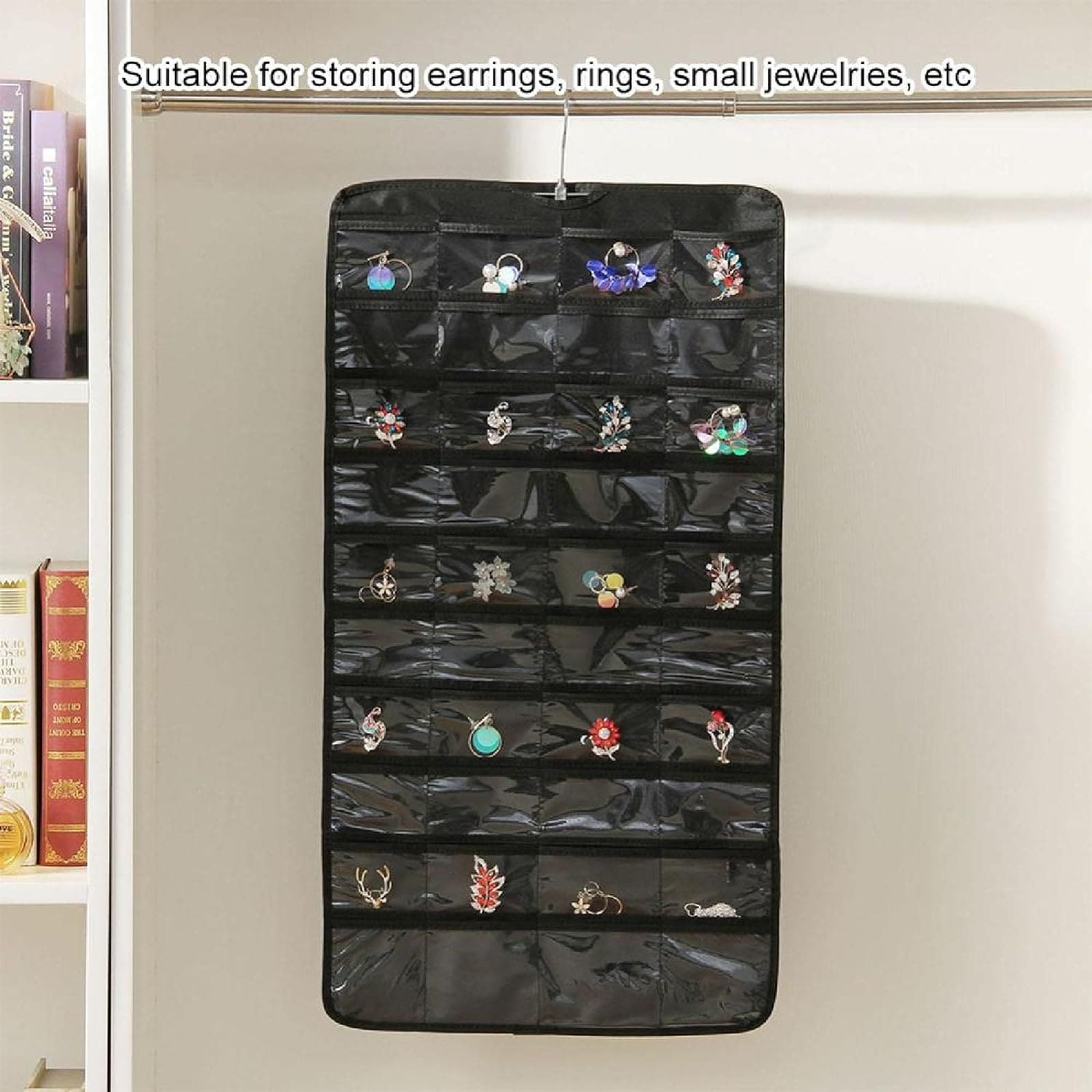 72 Pocket Hanging Organizer, Double Sided Hanging Display Storage Bag, Transparent Window Jewelry Bag, Dust-proof Foldable Bag, Multifunction Wardrobe Storage Holder Bag with Hook, Dual Sided Jewellery Carrier