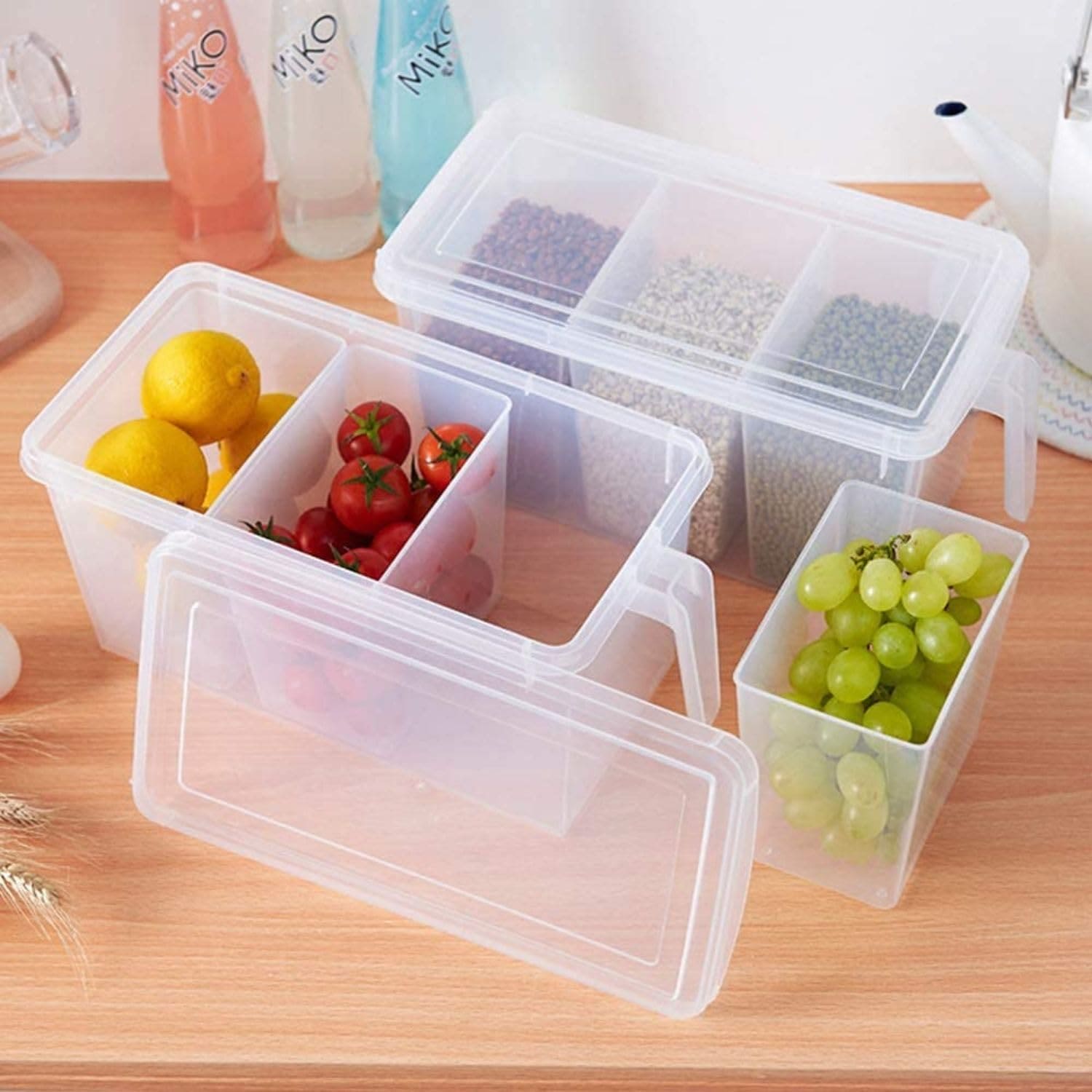 Transparent 3 Section Food Storage Box, Square Handle Food Storage Container, Plastic Divided Kitchen Organizer Bin, Multipurpose Fridge Storage Boxes with Lid and 3 Bins