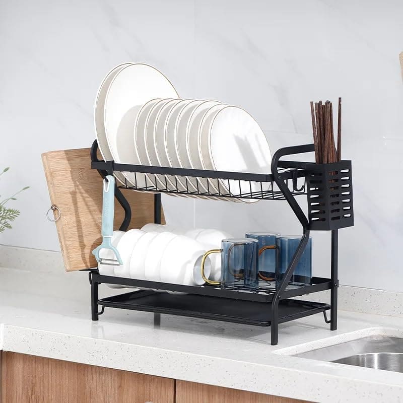 Metal Dish Drainer Holder, Dish Bowl Draining Storage Rack, Chopstick Cage with Drainboard for Kitchen Countertop, Bowls Plates Kitchenware Dish Drying Shelf Organizer