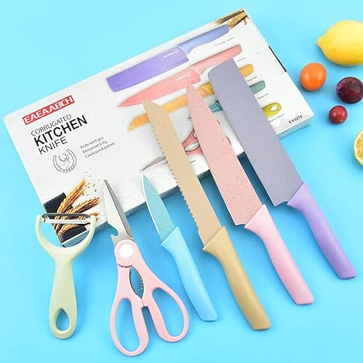 Set Of 6 Macarons Colorful Knife Set, Non-stick Kitchen Knives Set with 1 Scissor & 1 Peeler Stand and Chopping Board, Multicolor Rust-proof Boxed Knife Sets