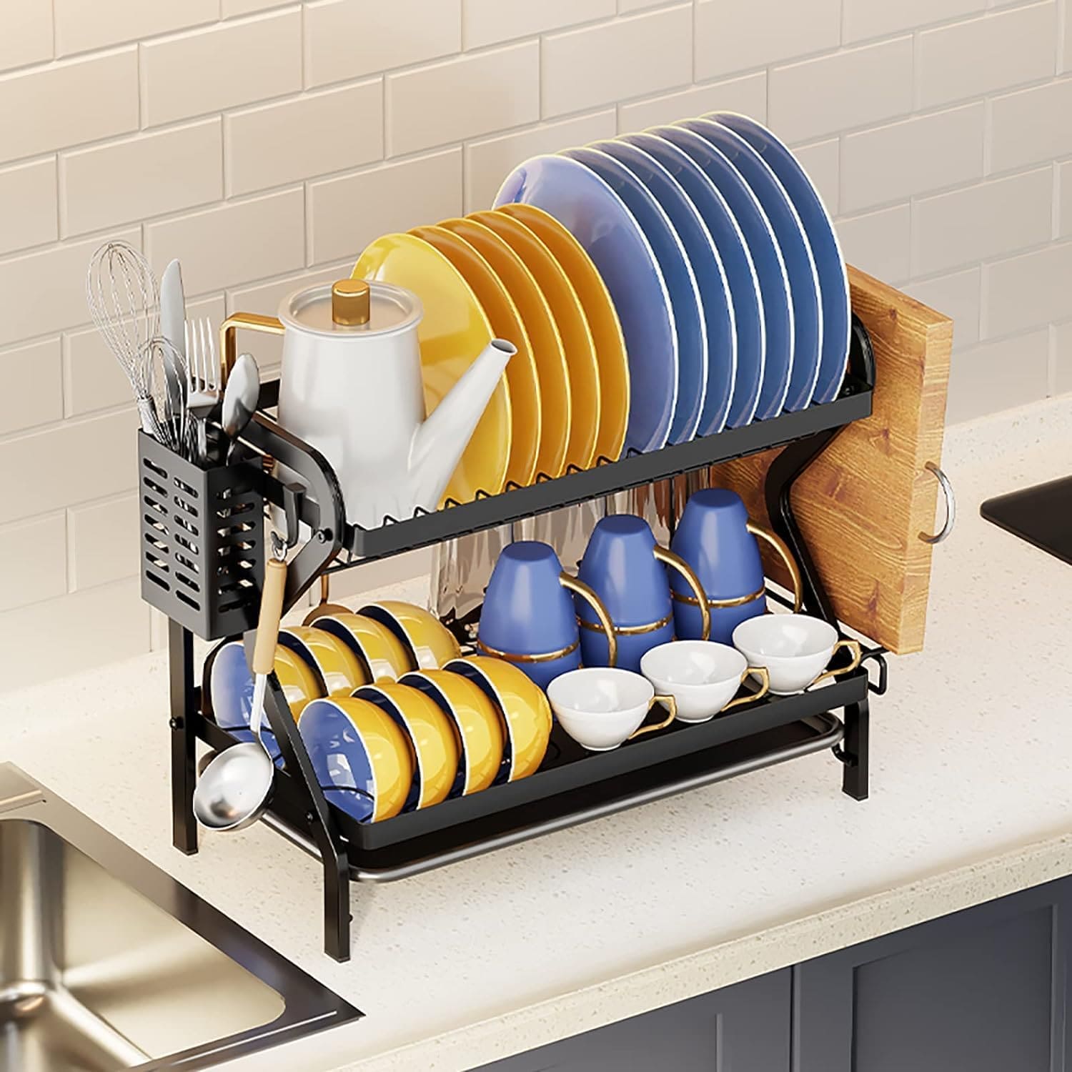 Metal Dish Drainer Holder, Dish Bowl Draining Storage Rack, Chopstick Cage with Drainboard for Kitchen Countertop, Bowls Plates Kitchenware Dish Drying Shelf Organizer
