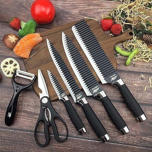 Set Of 6 Stainless Steel Kitchen Knife Set, Black Wave Steel Knife Set, Sharp Professional Chef Knives, Slicing Knife Meat Cleaver Fruit Knife Peeler Scissors, Kitchen Knife Cutlery Set
