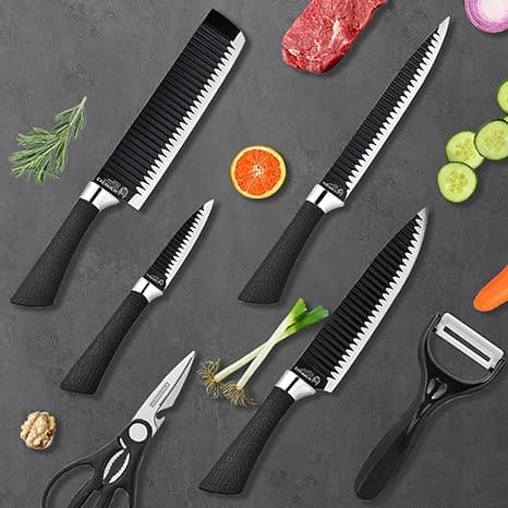 Set Of 6 Stainless Steel Kitchen Knife Set, Black Wave Steel Knife Set, Sharp Professional Chef Knives, Slicing Knife Meat Cleaver Fruit Knife Peeler Scissors, Kitchen Knife Cutlery Set