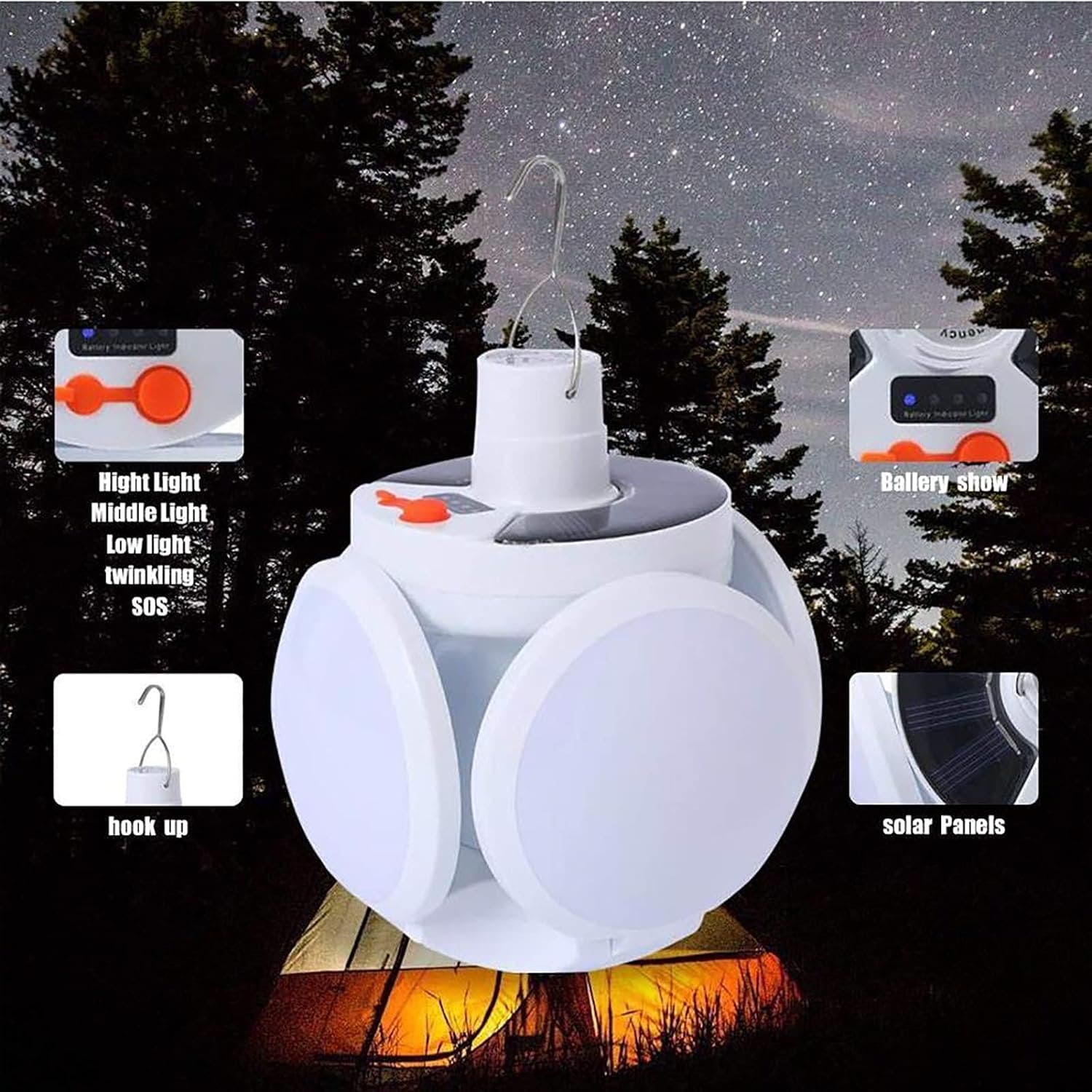 Football Foldable Solar Light, Emergency Home Camping Night Lights, Portable USB Rechargeable LED Search Light, 2 In 1 Camping Light, Portable Tent Lamp with Hanging Hook