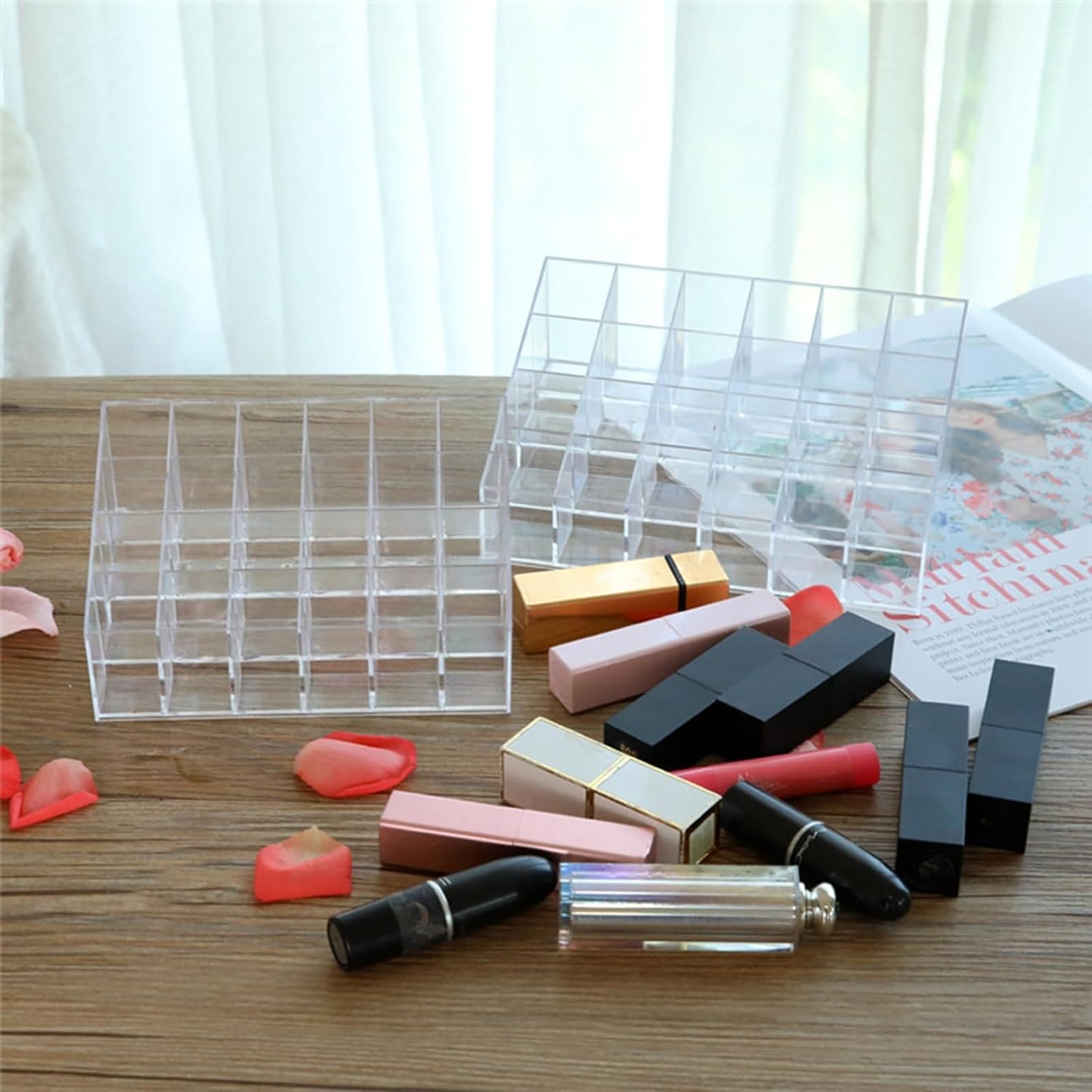 24 Grid Lipstick Holder, Acrylic Lipstick Nail Polish And Jewellery Display Rack, Visible Clear Cosmetic Makeup Brush Stand, Reusable Beauty Organizer, Large Capacity Clear Vanity Versatile Usage Makeup Storage Case
