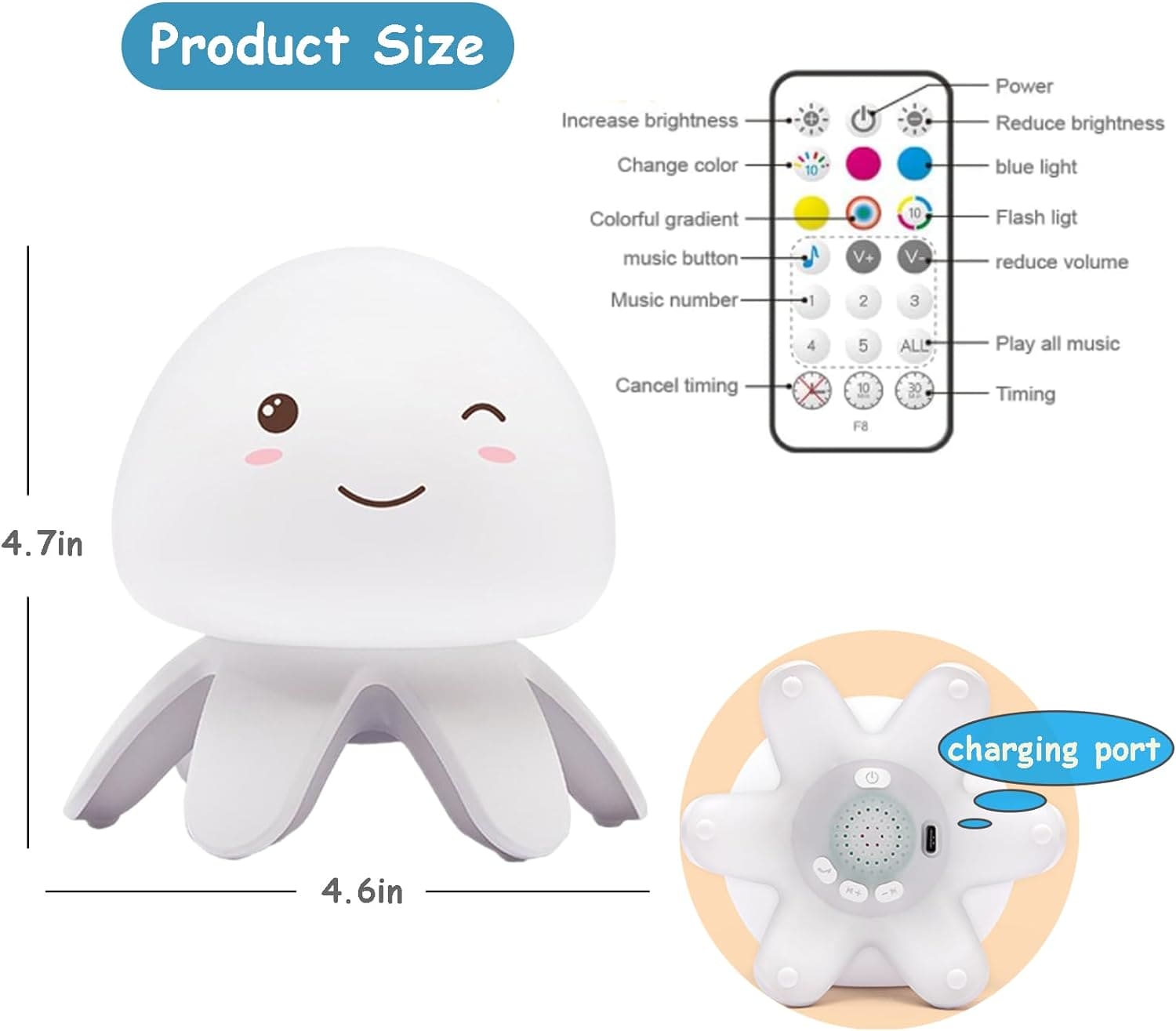 Jellyfish Night Light, Music Clapping Small Night Light, Color Changing Nursery Night Light with Remote Control, Rechargeable LED Jellyfish Lamp, Tap Control with Music Night Lights for Kids Room