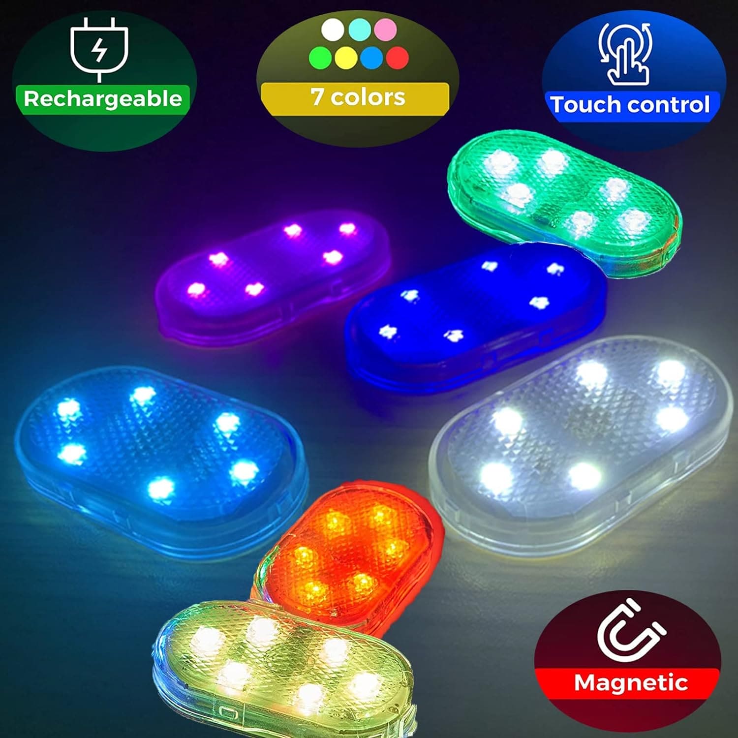 LED Car Interior Lighting, Finger Touch Sensor Reading Lamp, ,7 Colors LED Interior Car Lights, Wireless Magnetic Welcome Cars Lamp, Auto Roof Ceiling Reading Lamp, LED Car Styling Night Light Mini USB Charging Car Light