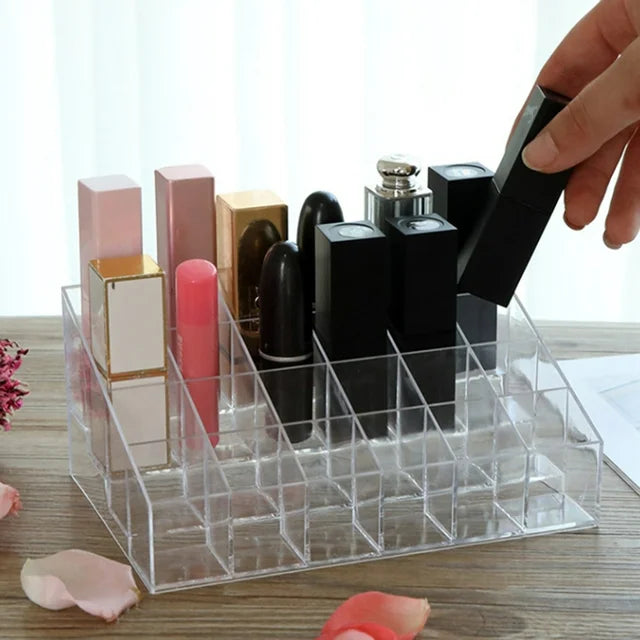 24 Grid Lipstick Holder, Acrylic Lipstick Nail Polish And Jewellery Display Rack, Visible Clear Cosmetic Makeup Brush Stand, Reusable Beauty Organizer, Large Capacity Clear Vanity Versatile Usage Makeup Storage Case