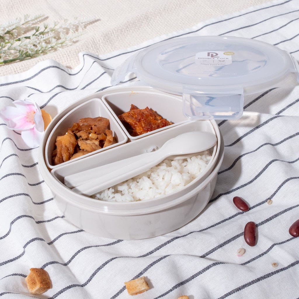 Partition Lunch Box, Reheatable Food Box, Plastic Divided Food Storage With Spoon, Portable Food Grade Plastic Lunch Box, Plastic Partition Bento Box with Lid, 820ml Round Shape Detachable Bento Box