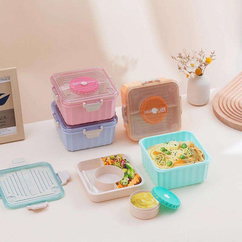 3 Cell Bento Lunch Box, Food Storage Containers, Transparent Lunch Box, Microwave Heating Lunch Box, Food Container Portable Salad Bowl, Leak-Proof Lunch Box with Grid, Food Container for Home, Office, or School