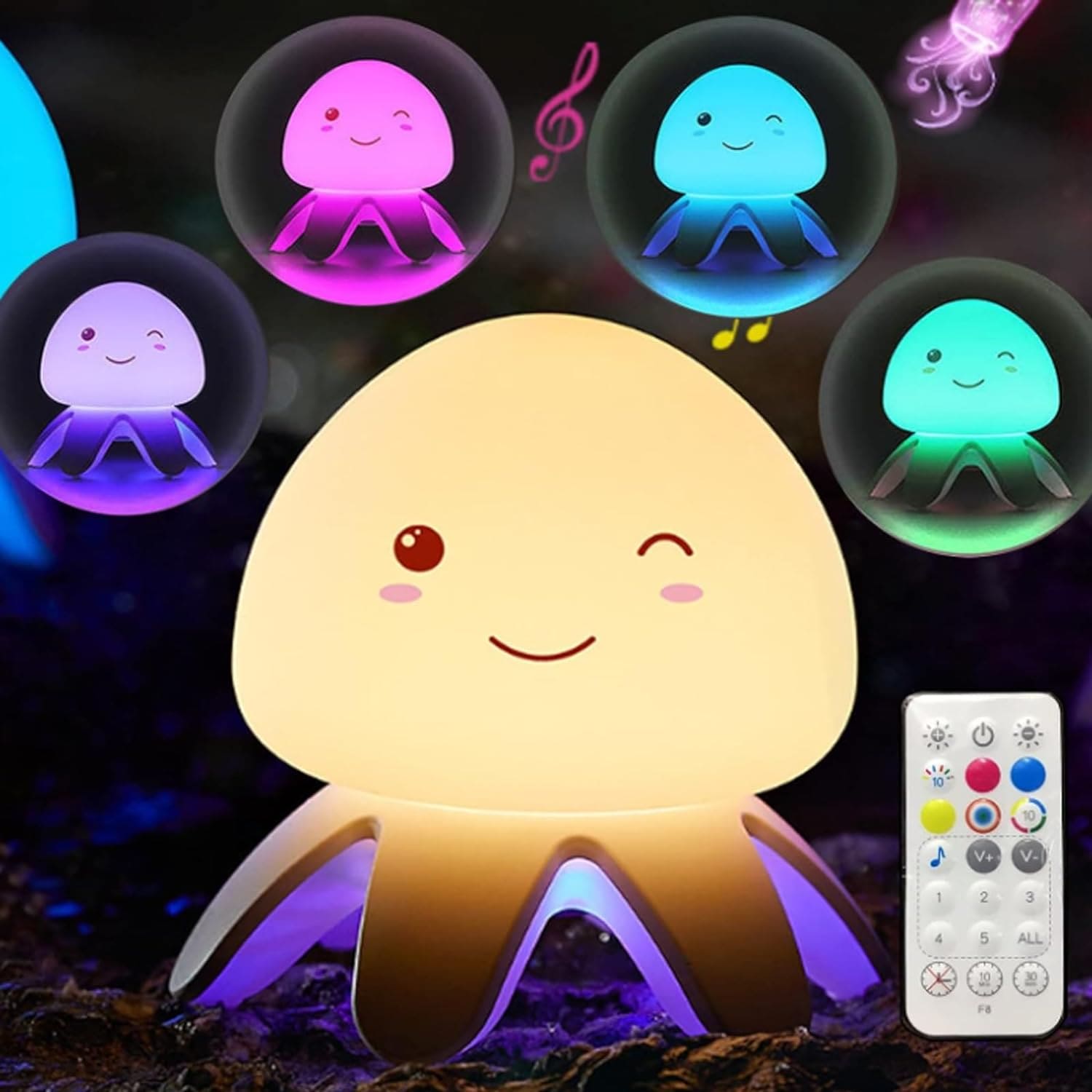 Jellyfish Night Light, Music Clapping Small Night Light, Color Changing Nursery Night Light with Remote Control, Rechargeable LED Jellyfish Lamp, Tap Control with Music Night Lights for Kids Room