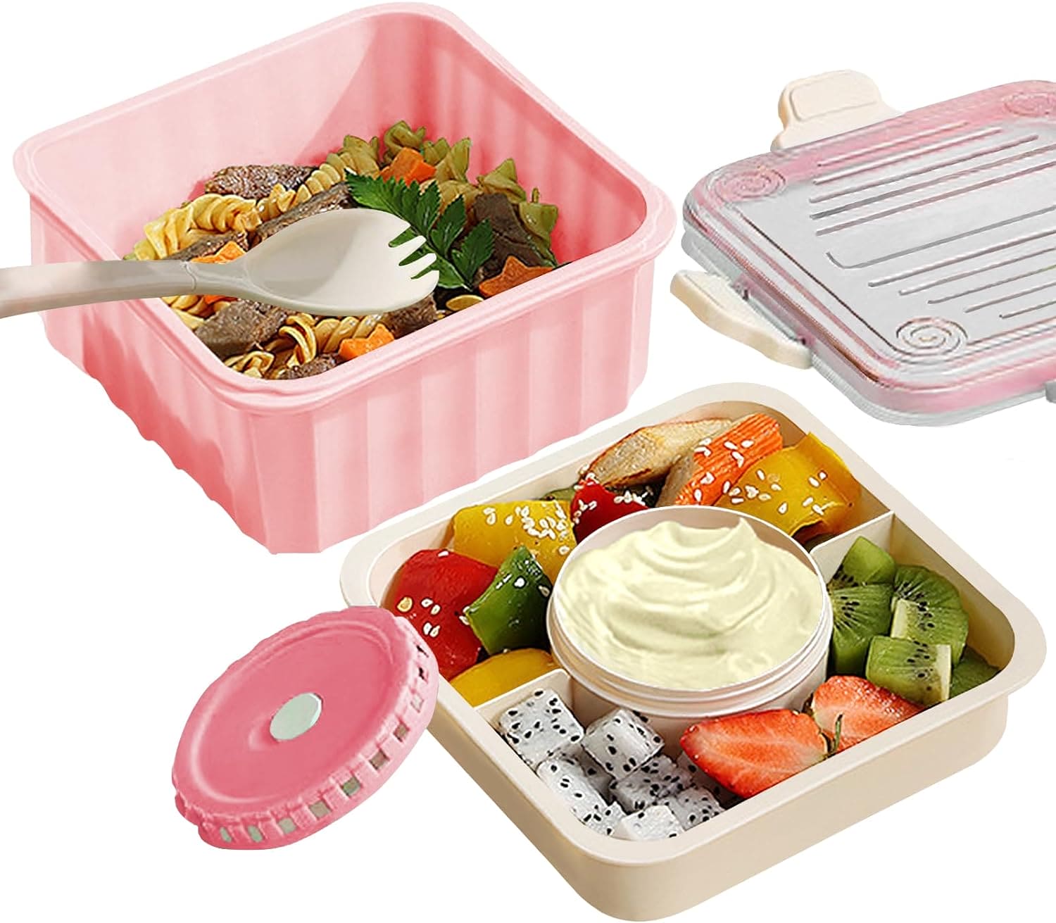 3 Cell Bento Lunch Box, Food Storage Containers, Transparent Lunch Box, Microwave Heating Lunch Box, Food Container Portable Salad Bowl, Leak-Proof Lunch Box with Grid, Food Container for Home, Office, or School