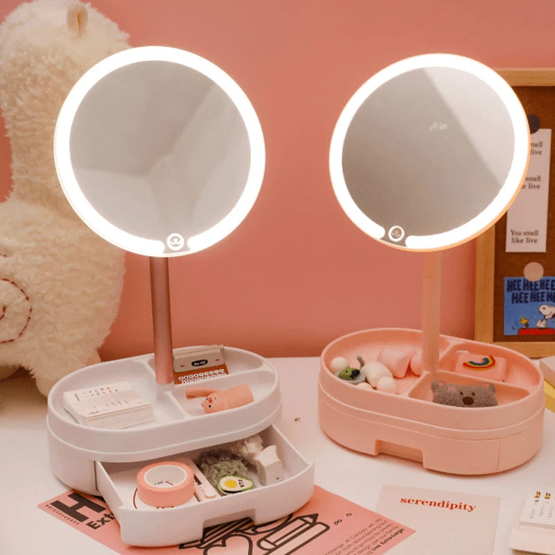 Drawer Desktop LED Mirror With Light, Touch Screen Portable Makeup Mirror, Multifunctional Cosmetic Rack Mirror, Rechargeable Mirror With Storage Tray, Vanity Mirror With Drawer, Makeup Mirror With Drawer Organizer
