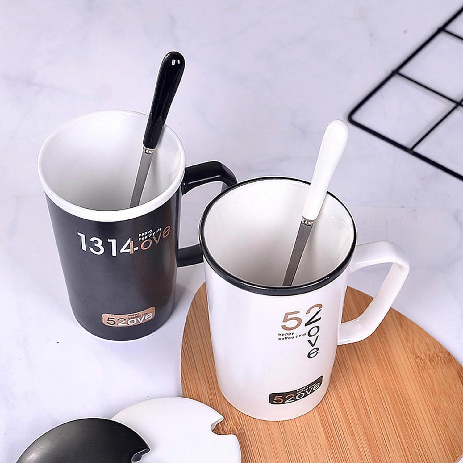 Lovely Couple Mug, Black White Stamping Mug with Lid Spoon, Couple Ceramic Mugs, Holiday Coffee Cup, Love Ceramic Water Mug, Creative Couple Mug with Lid with Spoon