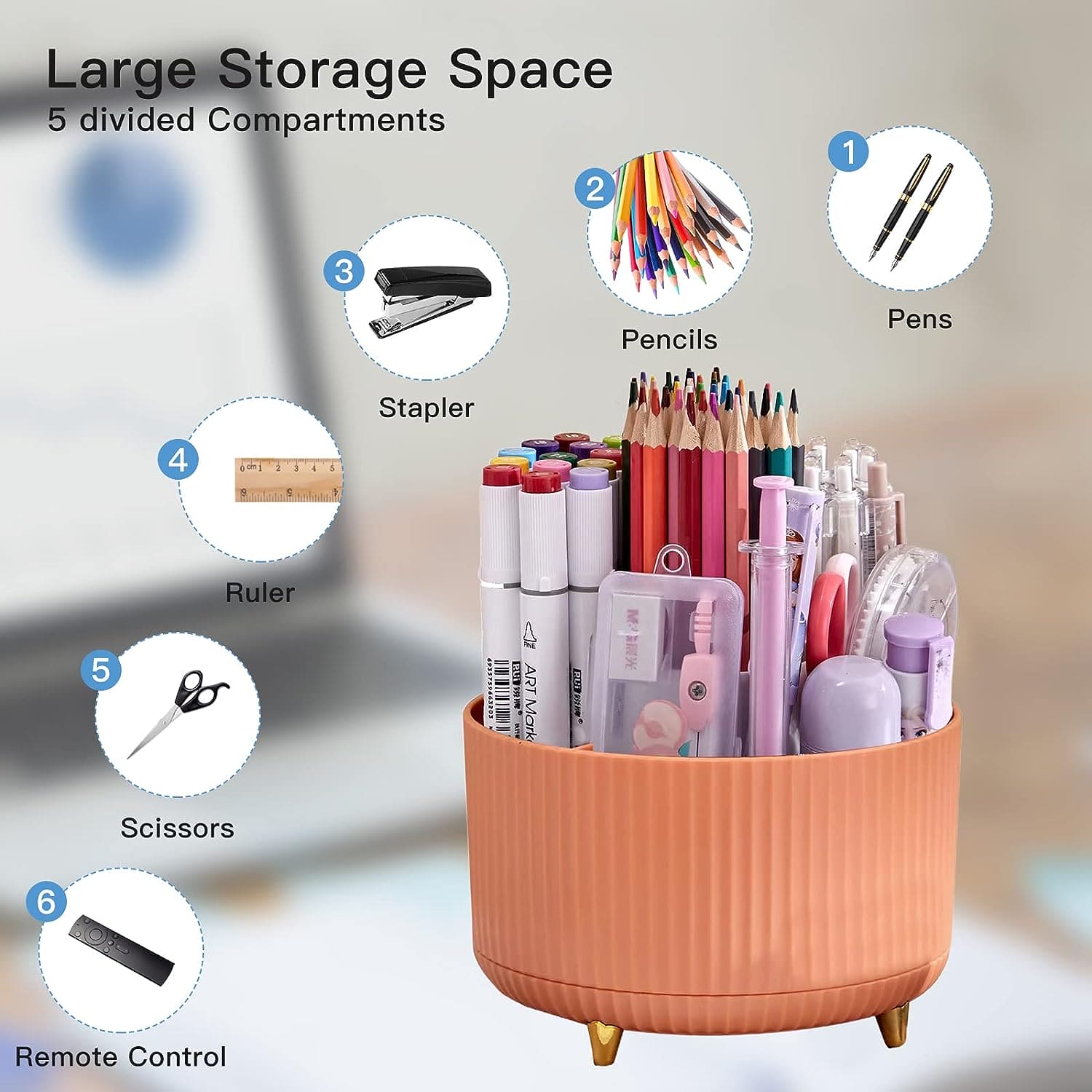 Versatile Desk Organizer, Multi Compartment Storage Box, 360°Rotating Desktop Makeup Brushes Organizer, Portable Stationary Holder, Skincare Pen Organizer Stand, 5 Slots 360 Degree Rotating Desk Organizers