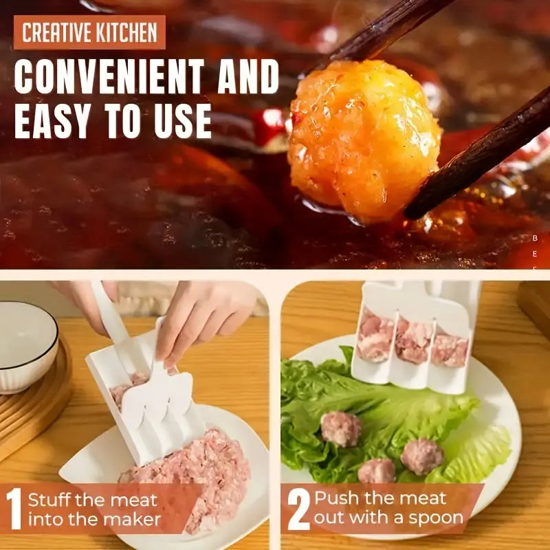 Triple Meat Ball Maker, Meat Tool With Spoon, Fried Fish Beef Meat Making Balls Mold, Kitchen Meatballs Scoop, Home Cooking Tool, Triple Meat Club Maker with Cutting Spatulas, Non Stick Plastic Apparatus Maker Clip