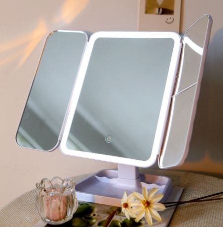 Trifold Makeup Mirror LED Lights, Dorm Dressing Mirror Beauty Light, Smart Complementary Makeup Mirror, Tabletop Small Makeup Decorative Mirror Desk Led, Touch Screen Portable Table Cosmetic Mirror for Travel Cosmetic Office