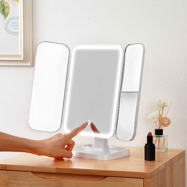 Trifold Makeup LED Mirror, Dorm Dressing Mirror Beauty Light, Smart Complementary Makeup Mirror, Tabletop Small Makeup Decorative Mirror Desk Led, Touch Screen Portable Table Cosmetic Mirror for Travel Cosmetic Office