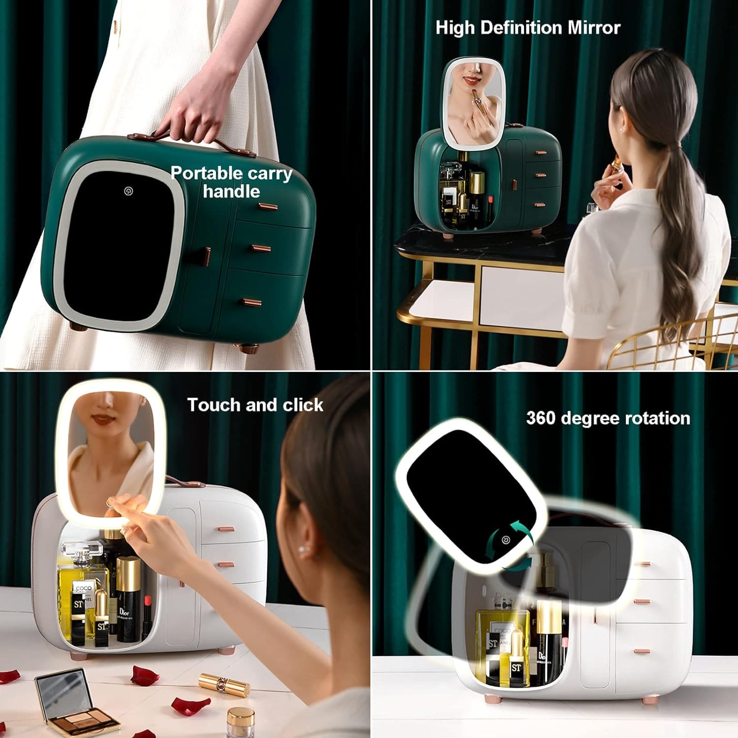 Modern Makeup Organizer Box With Led Mirror, Desktop Cosmetic Storage Box, Cosmetics Storage Display Rack with Drawer, Waterproof Dustproof Makeup Storage Box with Mirror, Makeup Skin Care Box with LED Lighted Mirror for Bathroom Dresser and Vanity