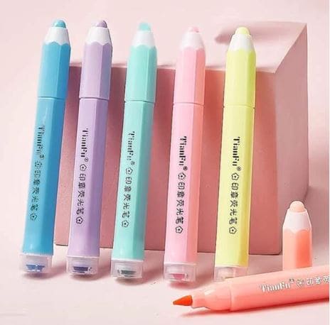 Set Of 6 Pencil Shape Highlighter, Cute Design Stamp Highlighter Pens, Fluorescent Coloring Pens for Student Office School Home