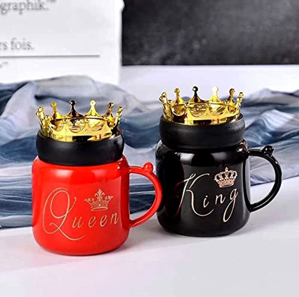 Gold Crown Couple Mug Set, King Queen Ceramic Mug, Royal Coffee Tea  Cups with Lid