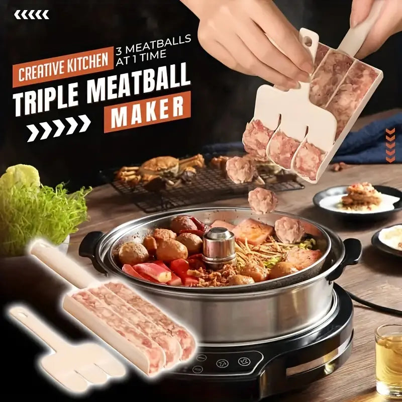 Triple Meat Ball Maker, Meat Tool With Spoon, Fried Fish Beef Meat Making Balls Mold, Kitchen Meatballs Scoop, Home Cooking Tool, Triple Meat Club Maker with Cutting Spatulas, Non Stick Plastic Apparatus Maker Clip