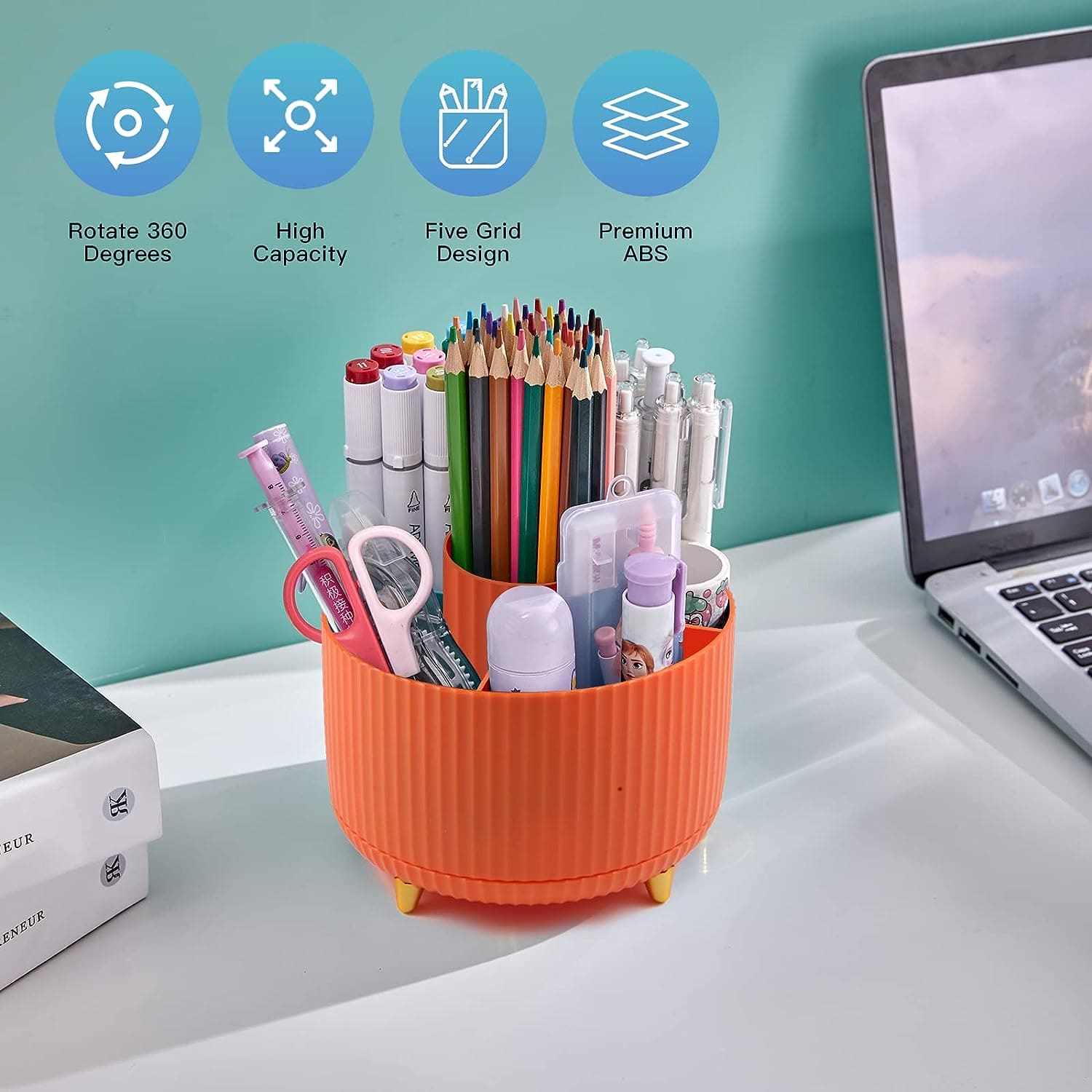 Versatile Desk Organizer, Multi Compartment Storage Box, 360°Rotating Desktop Makeup Brushes Organizer, Portable Stationary Holder, Skincare Pen Organizer Stand, 5 Slots 360 Degree Rotating Desk Organizers