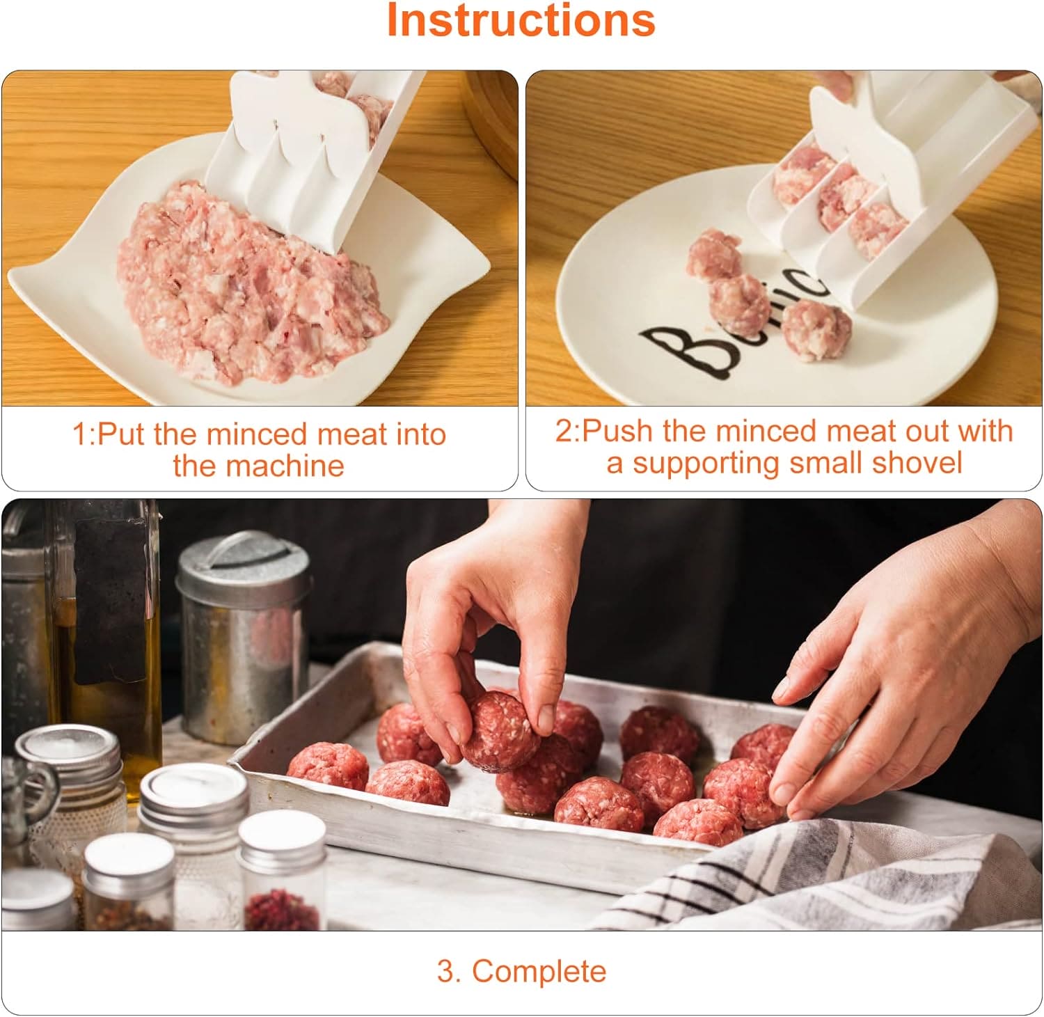 Triple Meat Ball Maker, Meat Tool With Spoon, Fried Fish Beef Meat Making Balls Mold, Kitchen Meatballs Scoop, Home Cooking Tool, Triple Meat Club Maker with Cutting Spatulas, Non Stick Plastic Apparatus Maker Clip