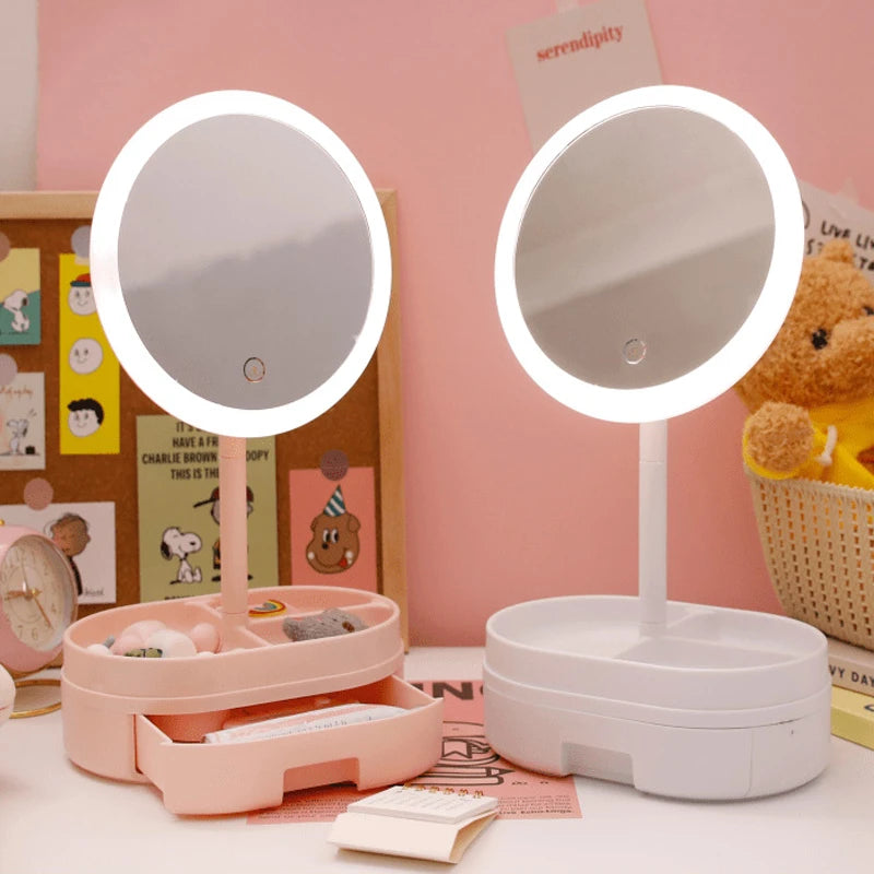 Drawer Desktop LED Mirror With Light, Touch Screen Portable Makeup Mirror, Multifunctional Cosmetic Rack Mirror, Rechargeable Mirror With Storage Tray, Vanity Mirror With Drawer, Makeup Mirror With Drawer Organizer