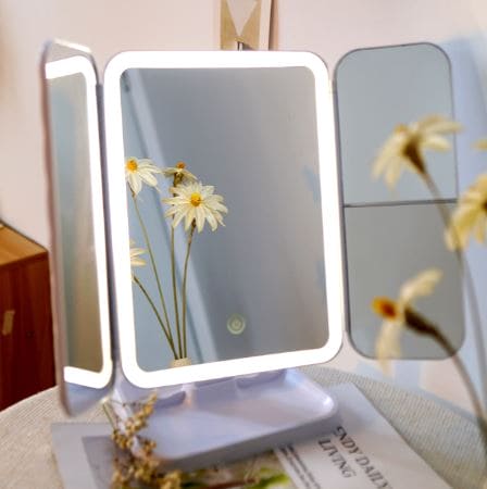 Trifold Makeup LED Mirror, Dorm Dressing Mirror Beauty Light, Smart Complementary Makeup Mirror, Tabletop Small Makeup Decorative Mirror Desk Led, Touch Screen Portable Table Cosmetic Mirror for Travel Cosmetic Office