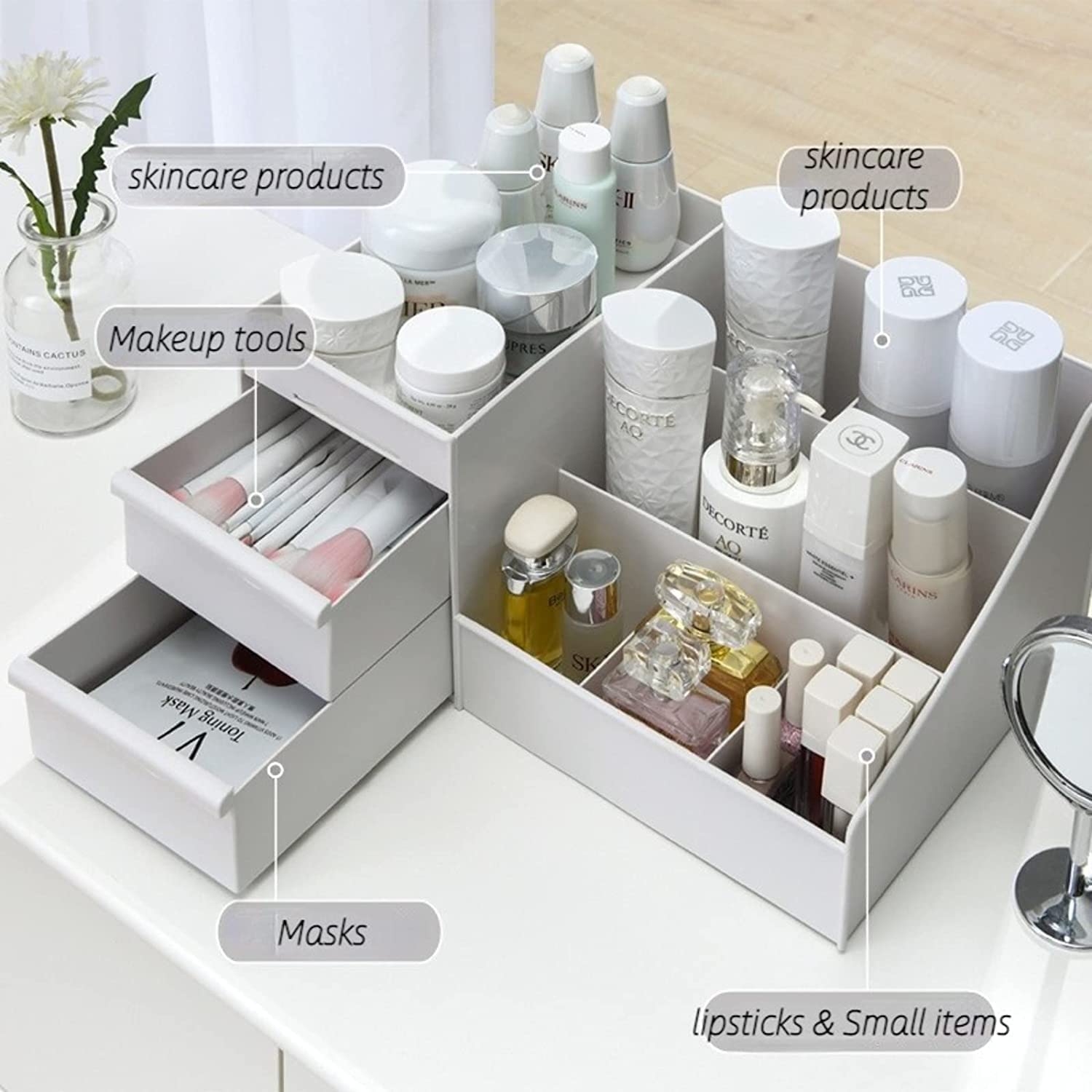 Dressing Table Makeup Box, Desktop Cosmetic Storage Box With Drawer, Makeup Sundries Storage Organizer, Cabinet Sorting Box, Jewelry Nail Polish Makeup Drawer Container, Multifunctional Divisions Desk Organizer, Drawer Head Ornament Sorting Make Up Box