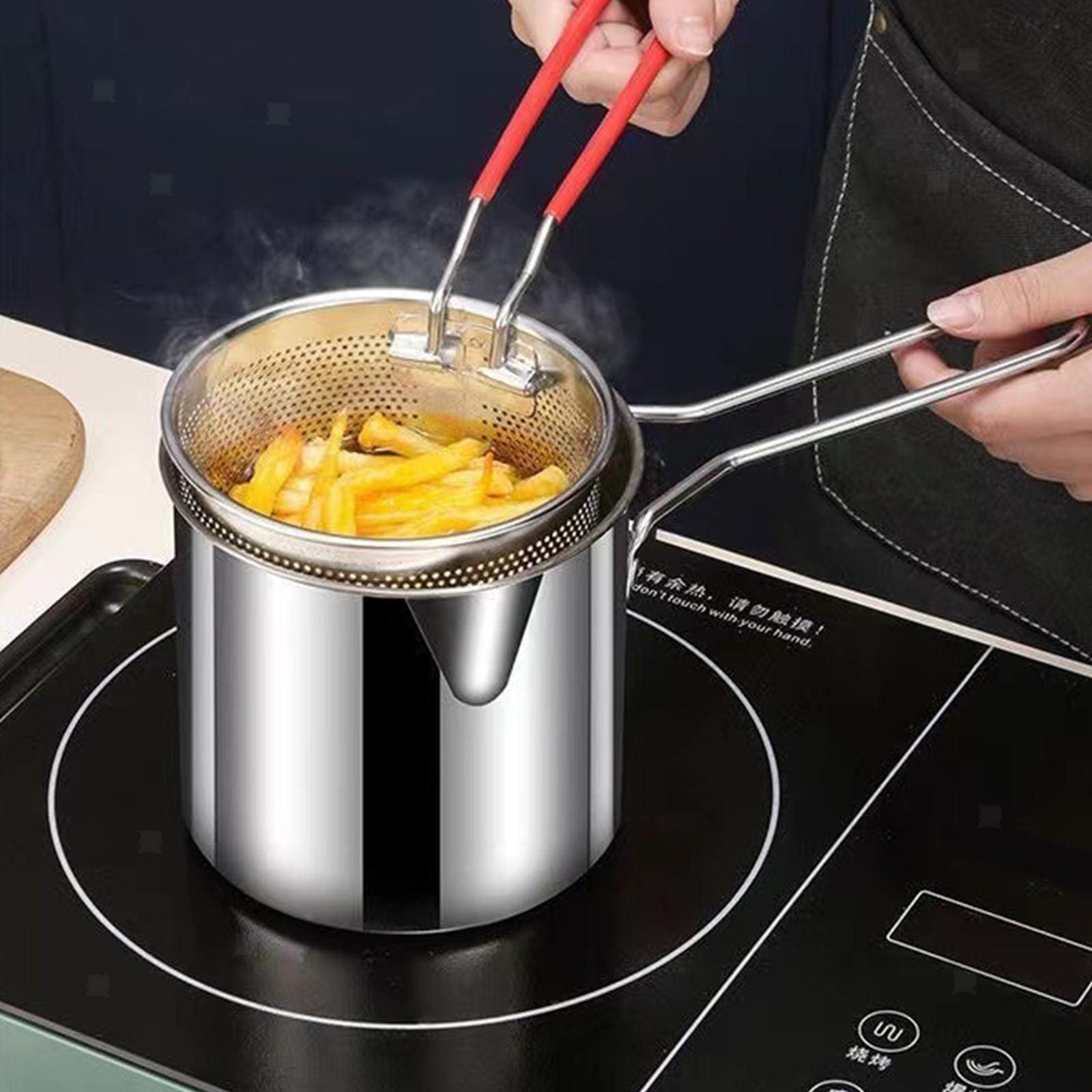 Kitchen Deep Frying Pot, Stainless Steel Kitchen Fryer With Strainer, Multipurpose Fries Fryer Chicken  Deep Frying Pot, Oil Residue Filtration Mesh Colander, Household Fryer with Filter Tempura Frying Pot, Steel Home Fryer Filter Utensil