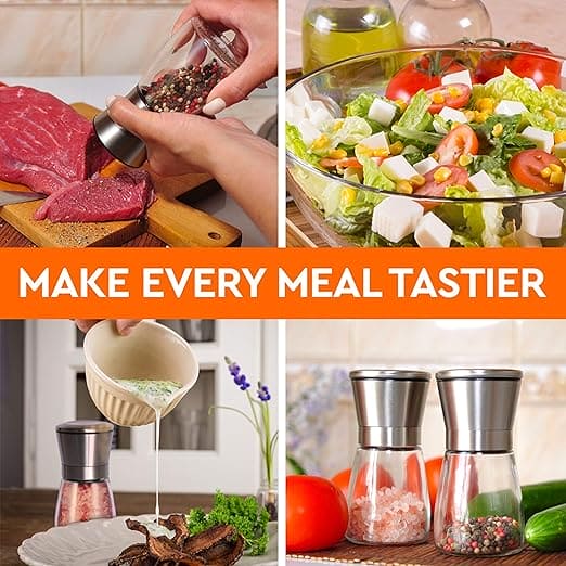 Salt And Pepper Grinder, Manual Stainless Steel Salt and Pepper Mill Grinder, Spice Herb Glass Muller, Hand Mill Grinding Bottle, Condiment Grinding Tool Kitchen Gadget, Adjustable Coarseness Shaker, Durable Spice Grinder, Compact Pepper Grinder