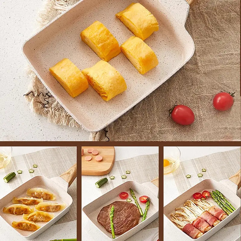 Square Ceramic Frying Pan, Durable Stone Frying Pan, Wooden Handle Square Frying Pan, Omelette Non Stick Fry Egg Kitchen Breakfast Maker, Square Thick Frying Tool, Anti Slip Tamagoyaki Pan, Square Egg Pan, Daily Cookware Gadget, Home Kitchen Items