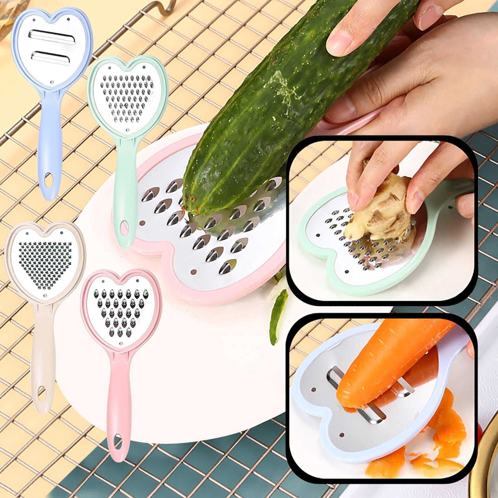 Set Of 4 Heart Veg Shredder, Heart Grater Slicer for Kitchen Purpose, Multipurpose 4 in 1 Stainless Steel Grater/Slicer Set, Stainless Steel Cheese Grater And Shredder