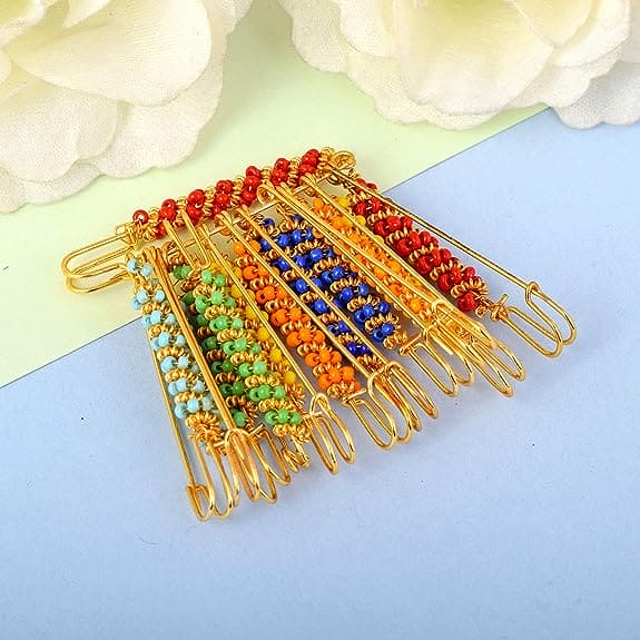 Pack Of 12 Multicolor Bead Pin, Decorative Safety Brooch Pins, Muslim Hijab Clip, Simulated Pearl Scarf Clip, Stylish New Hijab Pins, Ethnic Traditional Clip on Fashion Accessory