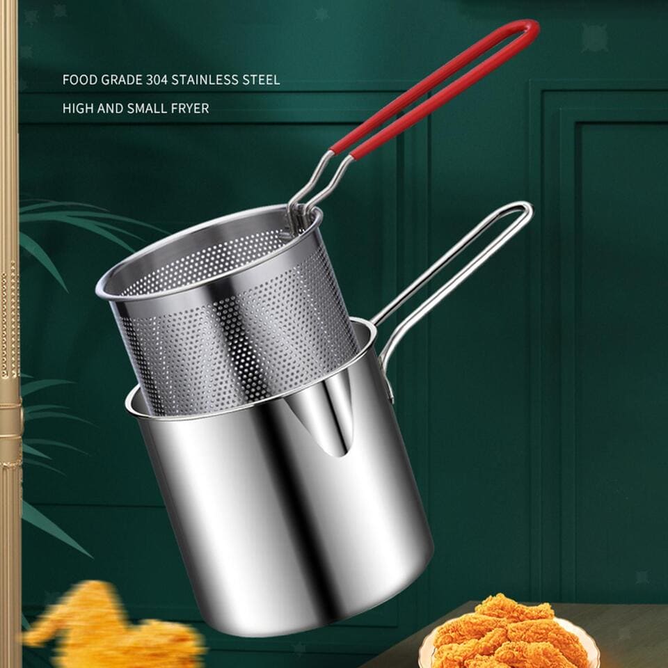 Kitchen Deep Frying Pot, Stainless Steel Kitchen Fryer With Strainer, Multipurpose Fries Fryer Chicken  Deep Frying Pot, Oil Residue Filtration Mesh Colander, Household Fryer with Filter Tempura Frying Pot, Steel Home Fryer Filter Utensil