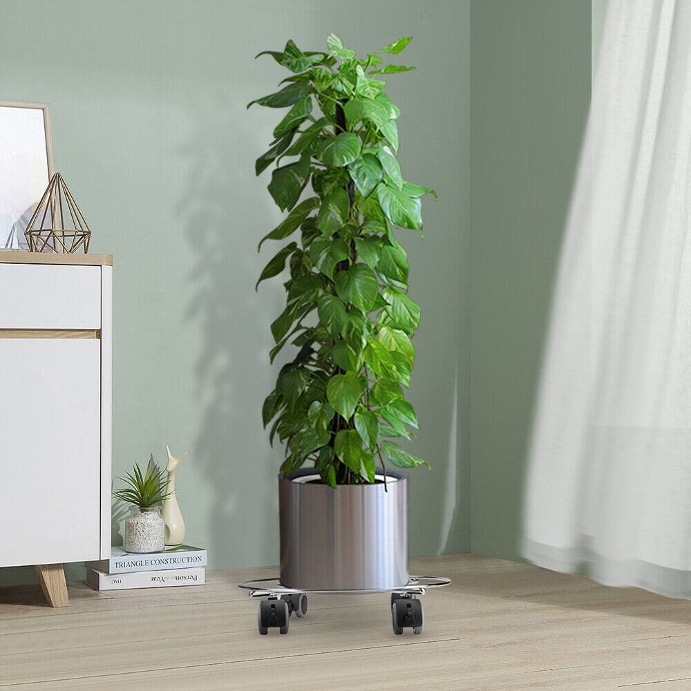 Plant Caddy Stand, Movable Flower Pot Tray, Stainless Steel Cylinder Trolley, Multipurpose Heavy Duty Stand with Wheels