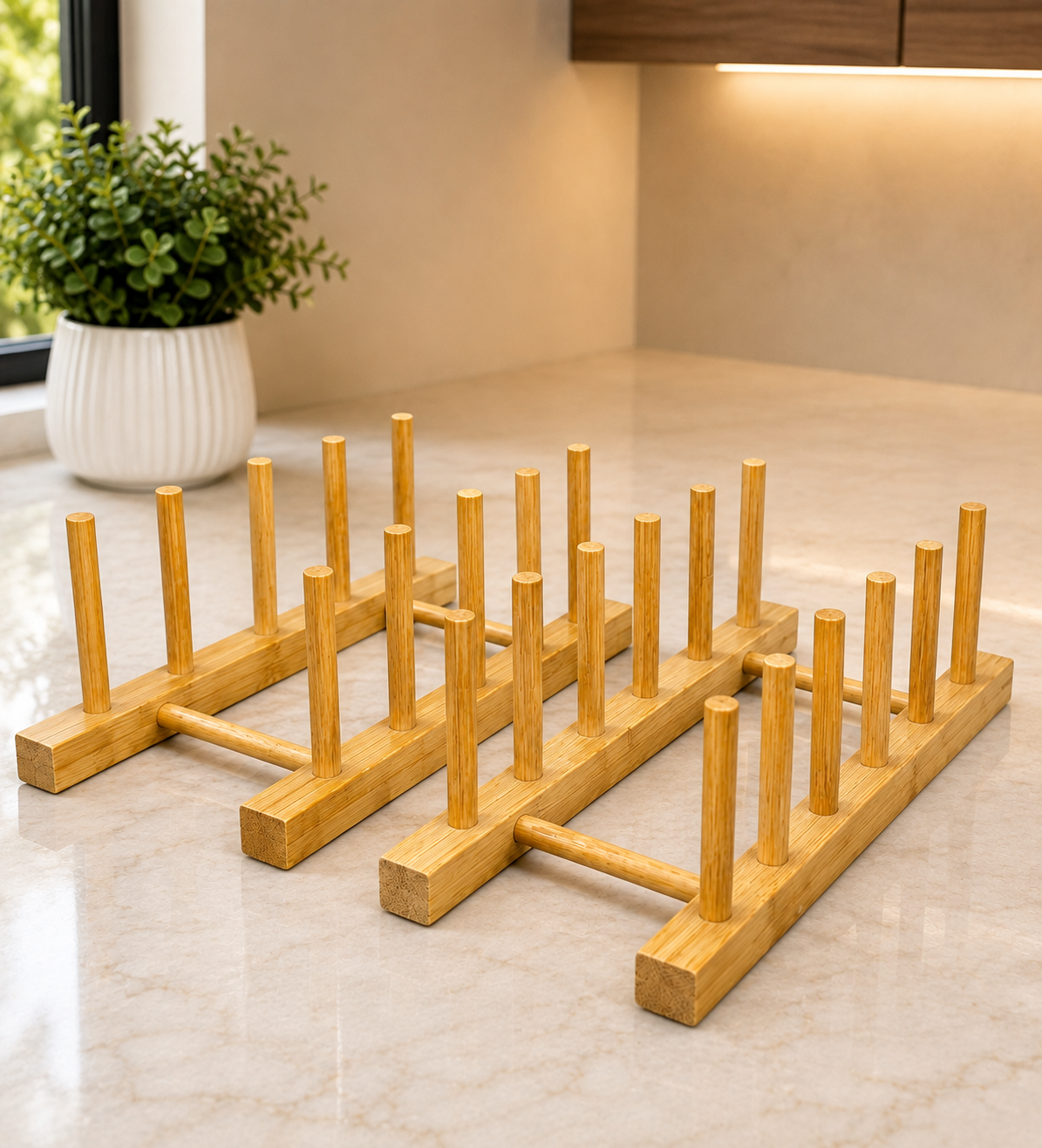 Wooden Dish Organizer Rack, Premium Bamboo Plate Display Stand, Kitchen Countertop Plate Organizer