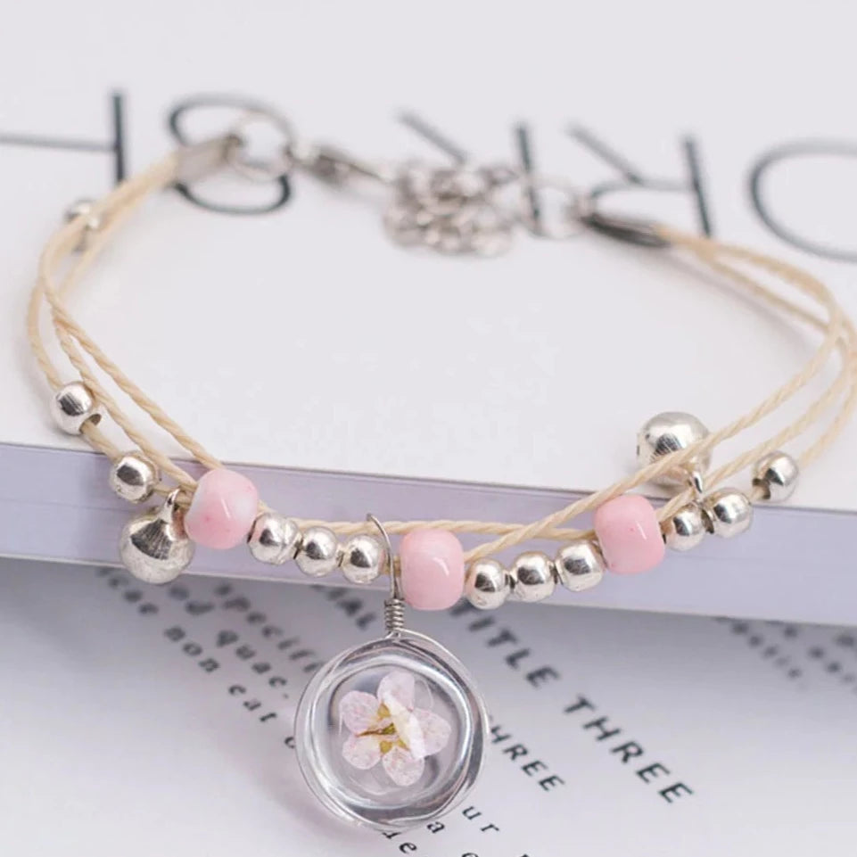 Handrope Peach Blossom Pearl Bracelet, Handwoven Ceramic Beads Glass Dry Flower Bracelet, Dry Flower Bracelet, Colorful Transparent Ball Eternal Flower Bracelet